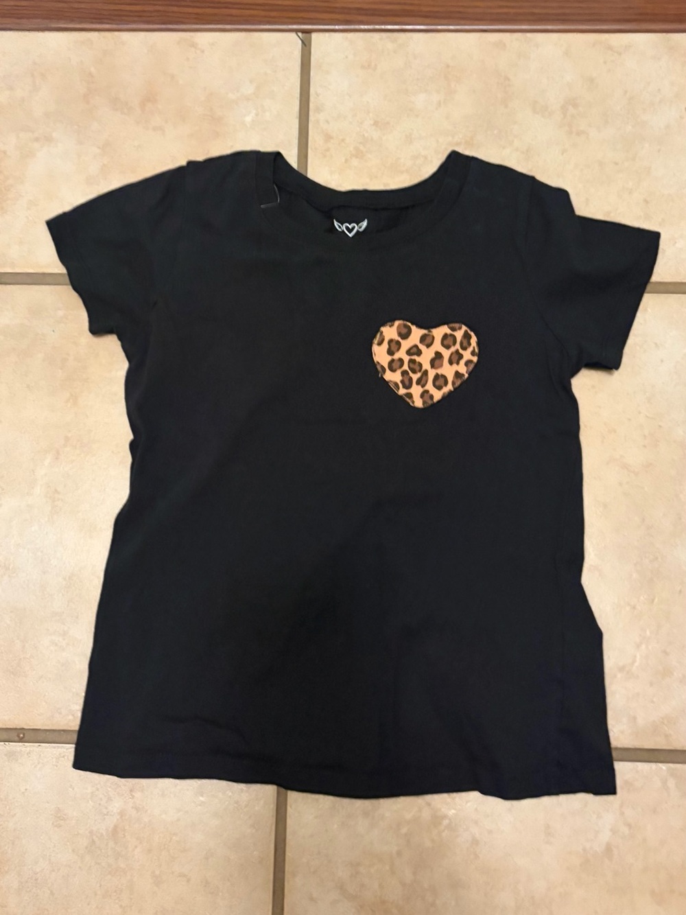 Black Kids Short Sleeve Tee with Leopard Heart